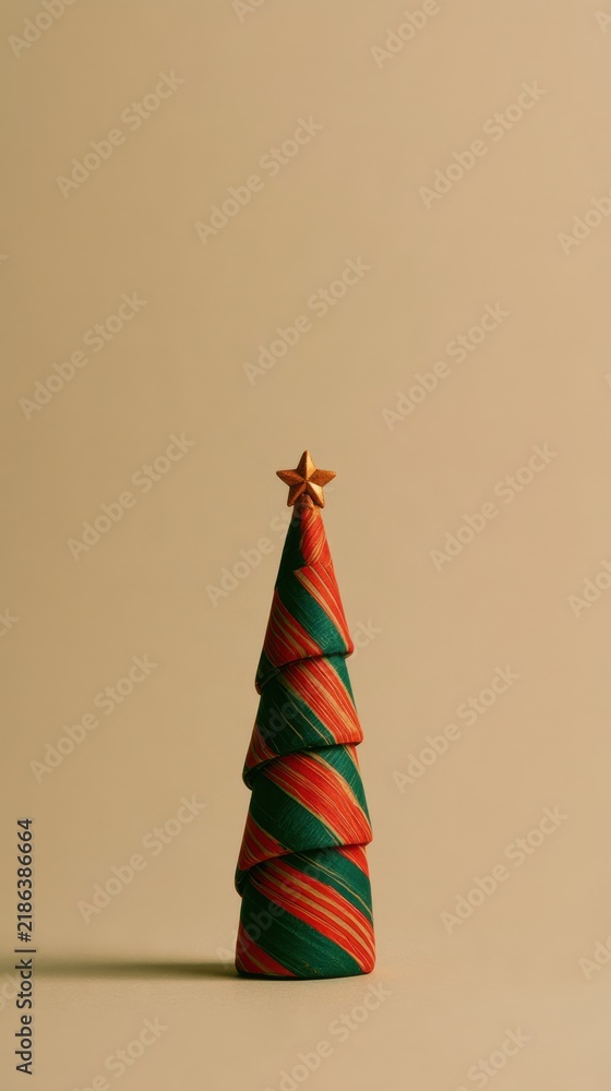 Naklejka premium Minimal red and green Christmas tree sculpture with golden star on top for modern holiday decor