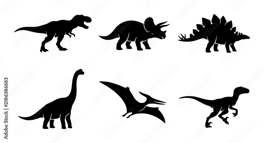 Obraz premium Dinosaur Silhouettes Collection: Prehistoric Creatures Vector Icons for Kids and Education