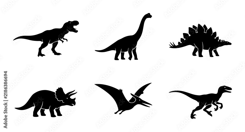 Obraz premium Dinosaur Silhouettes Set, Prehistoric Vector Icons, Jurassic Era Creatures Collection