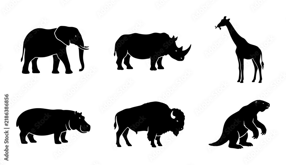 Fototapeta premium African Wildlife Silhouettes: Elephant, Rhino, Giraffe, Hippo, Bison, Meerkat Icons