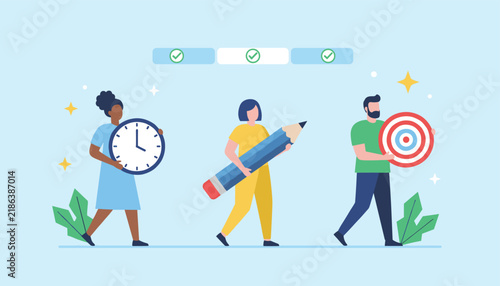 Group of people collaborating on a project with symbols for time management, creativity, and achieving targets or goals.