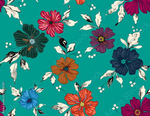 Фотография Seamless repeating pattern with Flowrs motifs placed at different angles, balanc