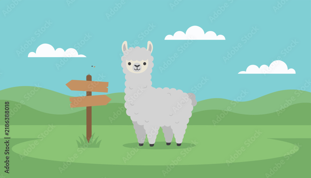 Obraz premium Fluffy white alpaca stands in a green mountain meadow next to a wooden signpost under a blue sky with soft white clouds.