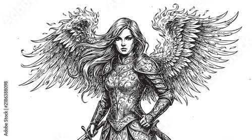 фотографія Detailed Pencil Sketch Angel Warrior with Sword, Black Ink Illustration, Fantasy