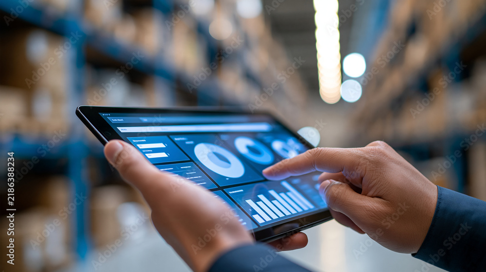 Obraz premium Faceless hands operating a tablet with a warehouse management dashboard against a softly defocused industrial background, inventory tracking, logistics analytics, stock