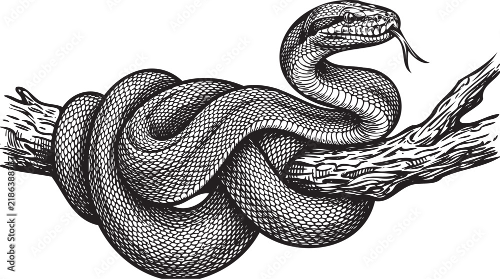 Fototapeta premium Vintage engraving of a coiled snake on a branch, realistic vintage snake illustration, black and white reptile vector art, classic herpetology plate design