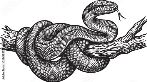 Vintage engraving of a coiled snake on a branch, realistic vintage snake illustration, black and white reptile vector art, classic herpetology plate design