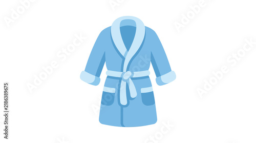 Blue bathrobe with white trim is displayed on a white background