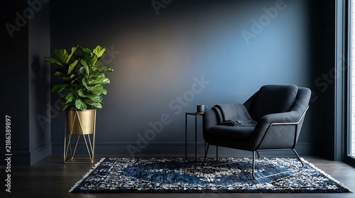 Elegant living room interior with a dark blue wall comfortable armchair lush plant and patterned rug for a modern home design