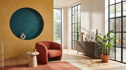 A contemporary living room interior features vibrant colors fashionable furniture and expansive windows creating a luminous and welcoming space perfect for peaceful