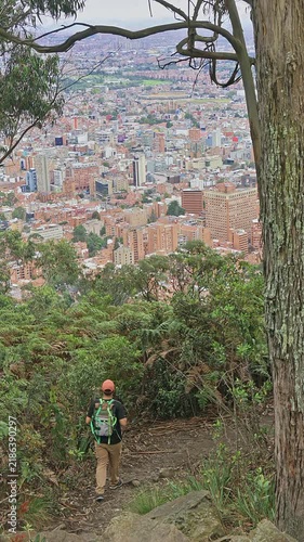 Vertical video of lone hiker with a backpack walks a shaded forest trail toward a panoramic view of a sprawling city skyline.