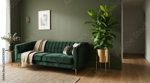 Elegant living room interior with a plush green velvet sofa botanical decor and a neutral color scheme for modern comfort