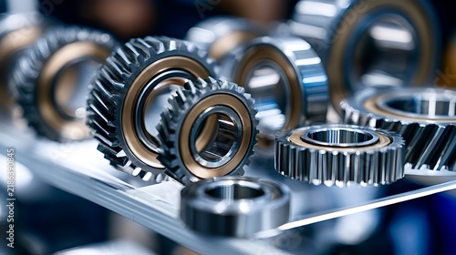 Metal gears and bearings on a shelf showing industrial engineering parts