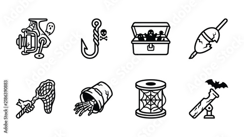 Canvas Print Spooky Fishing Gear Collection: A whimsical collection of illustrated fishing equipment with a Halloween twist, featuring spooky elements like ghosts, skulls, and bats