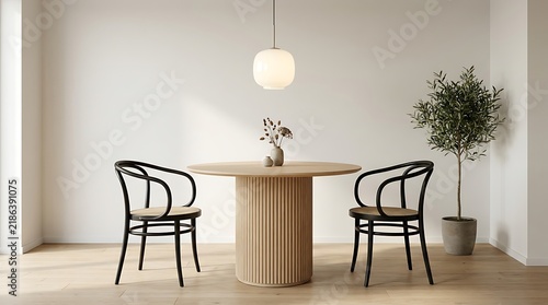 A serene minimalist dining room features a round table with two black chairs and a delicate floral arrangement in a simple vase