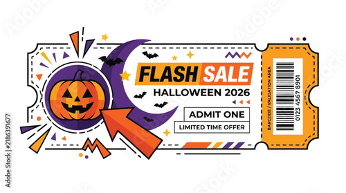 Halloween flash sale ticket template features a smiling jack-o'-lantern pumpkin, a purple crescent moon, bats, and a barcode on a white background.