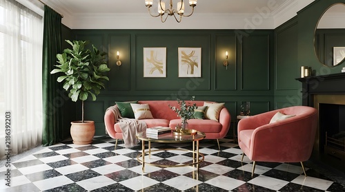 Elegant living room interior with dark green walls pink velvet furniture and a striking black and white checkered floor design