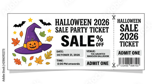 Halloween event admission coupon template highlights a purple witch hat resting on a smiling pumpkin with falling autumn foliage.