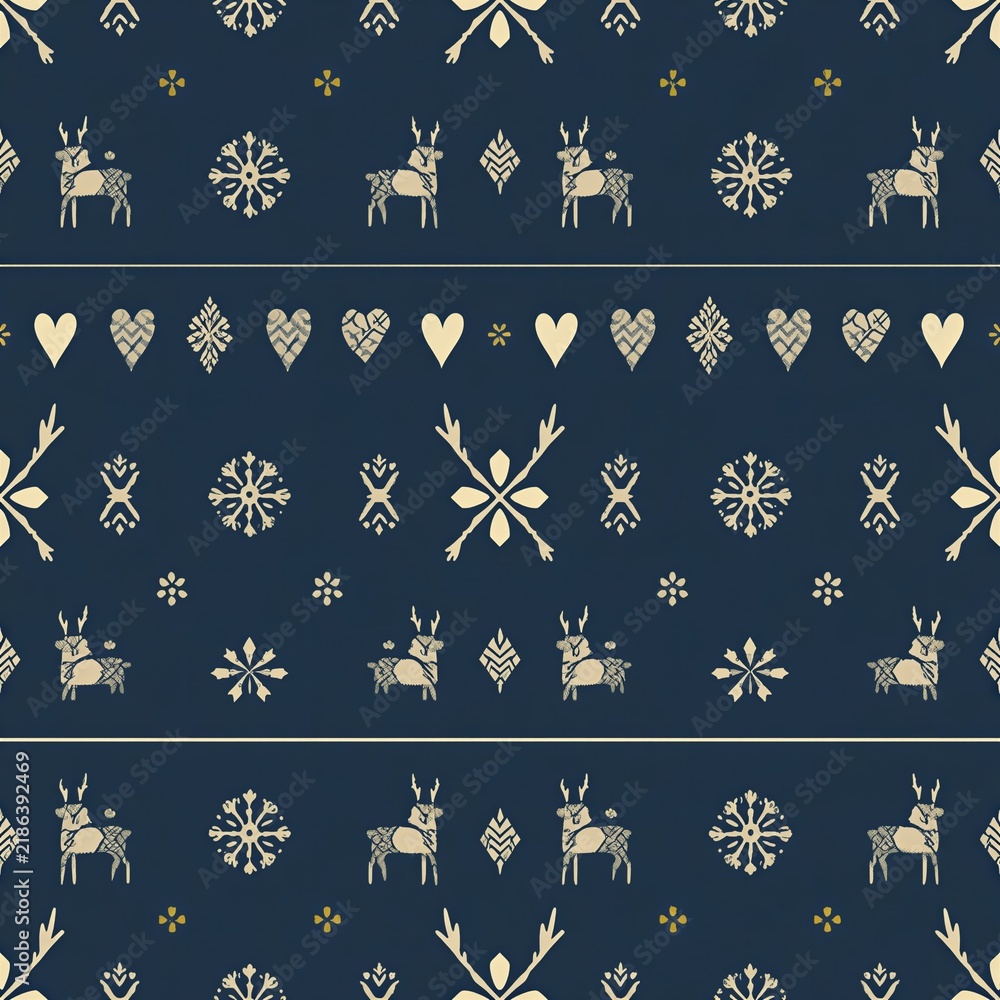 seamless pattern with reindeers and hearts, Seamless blue Nordic background pattern with reindeers, hearts, and snowflakes texture