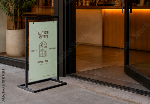Shop Entrance with A-Frame Sidewalk Sign Mockup