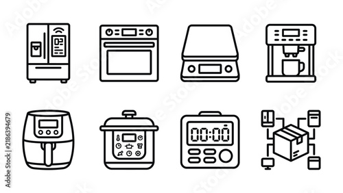 Kitchen Appliances and Smart Technology Icons: A set of clean, modern icons representing various kitchen appliances and smart home technology, including a refrigerator, oven, scale, coffee maker.