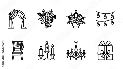 Wedding Icon Set: A collection of elegant line art icons representing essential wedding elements, from ceremonial arches and floral arrangements to ambient lighting and celebratory gifts.