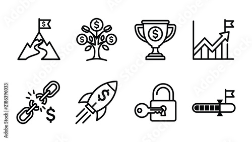 Business and Success Icons: A collection of black and white line art icons representing various aspects of business growth and success, including climbing mountains, money trees, trophies, and charts.
