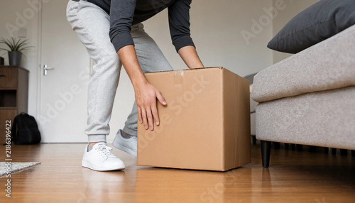 Person holding large brown cardboard package box in residential room with moving house moving day moving boxes parcel delivery manual labor delivery service online shopping e commerce