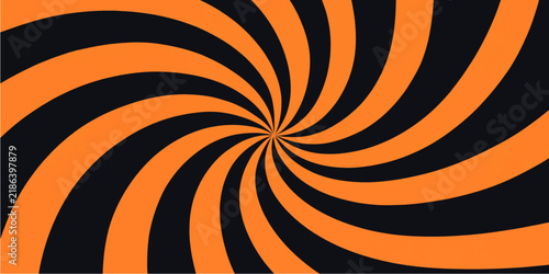 Orange and black spiral background with curved bands and dynamic abstract vintage optical design