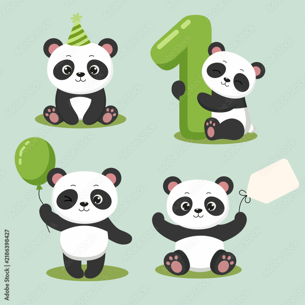 Obraz premium Panda set for Birthday invitations. Birthday greeting card illustration