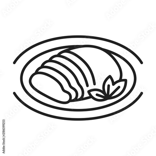 Sliced meat on a plate icon with herbs garnish