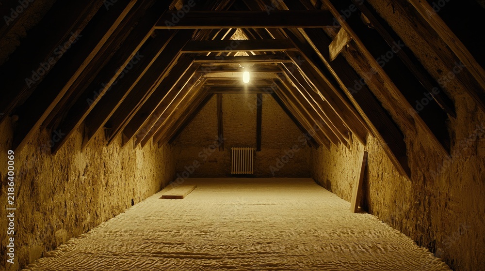 Fototapeta premium Construction of a cozy attic in Quebec with wooden framing and polystyrene insulation under a floating roof