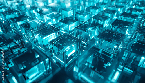 Abstract grid of glowing blue transparent glass cubes in a digital environment with blue light abstract background 3D render futuristic design transparent blocks