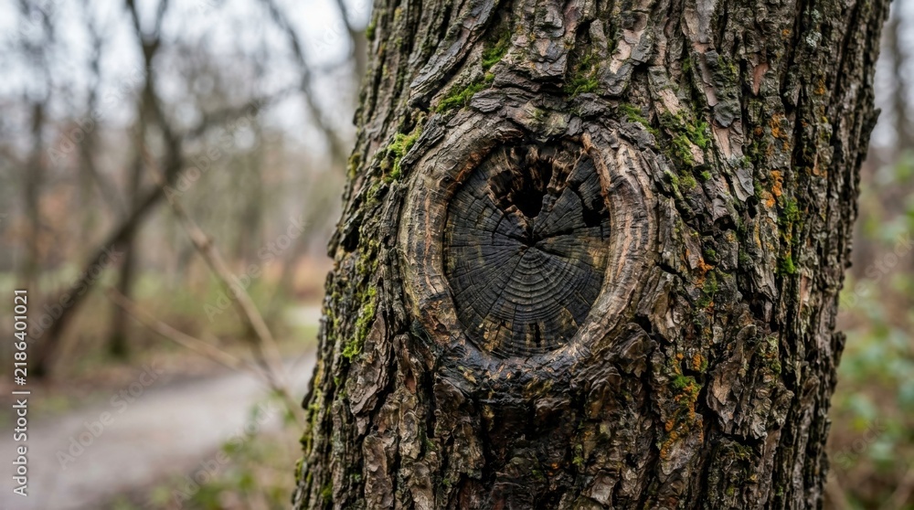 Fototapeta premium Close-up of a tree trunk with a prominent knot and textured bark in a natural outdoor setting, concept of natural beauty and resilience