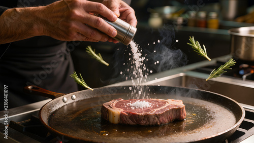 Dynamic Action Shot Of Chef Seasoning Ribeye Steak On Hot Pan With Salt Splash