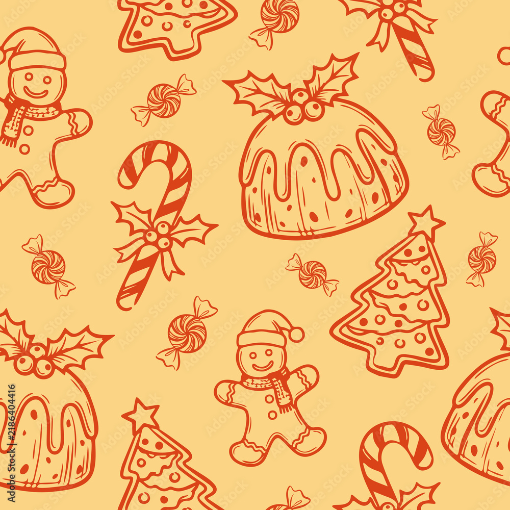 Naklejka premium Long Title: Seamless Christmas Vector Pattern with Gingerbread Men, Pudding, and Candy Canes on Yellow Background