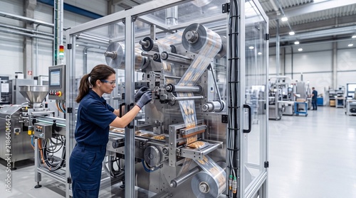 Professional female factory worker operating advanced industrial packaging machinery in a clean modern production facility environment