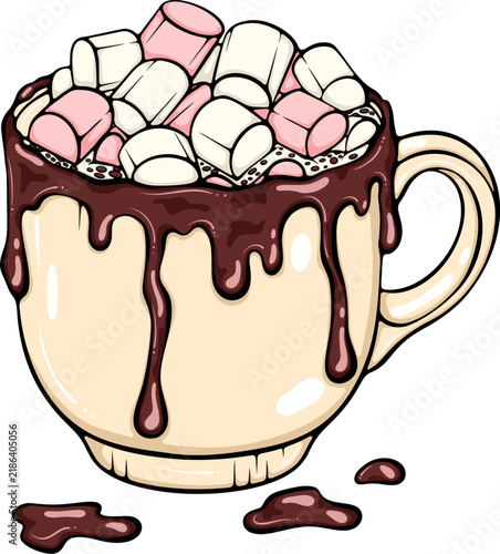 Beige cup of coffee latte or cocoa topped with pink and white marshmallows and chocolate. Mug of hot winter drink. Simple vector color illustration with outline in hand drawn style isolated on white