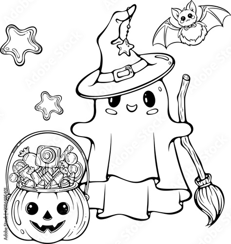 Halloween composition with cute kawaii ghost in witch hat, with broom, candy basket with sweets, flying bat. For coloring book. Vector illustration in hand drawn style. Line art isolated on white