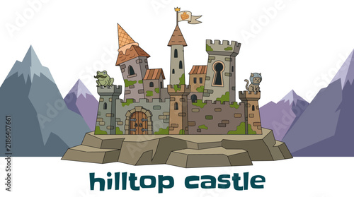 Obraz na płótnie hilltop castle with rugged stone walls, defensive towers, elevated fortress arch