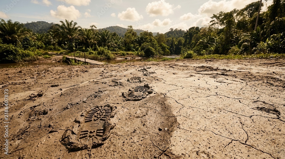 Fototapeta premium Footprints In Muddy Cracked Ground Amidst Lush Forest And River Landscape