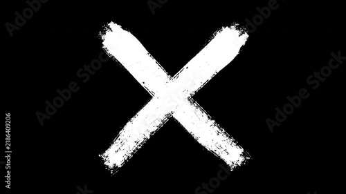 Hand-drawn grunge x mark animation, white chalk texture cross symbol on black background