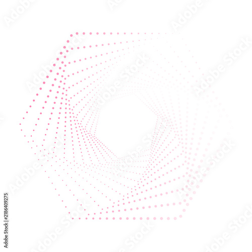 Abstract pink halftone dotted hexagon spiral design element on white background