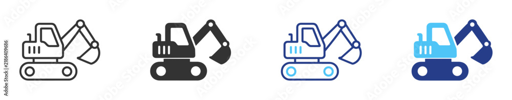 Naklejka premium Excavator icon set, outline and solid construction equipment pictograms on transparent background