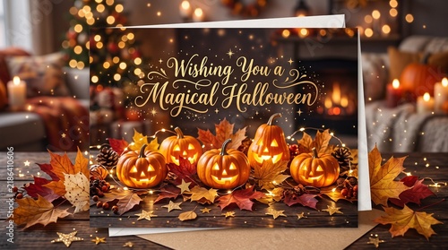Glowing jack-o-lantern pumpkins with autumn leaves and fairy lights on a rustic wooden table