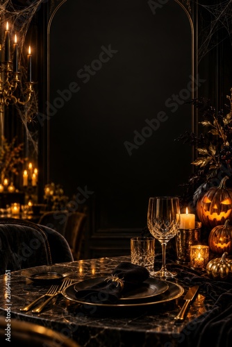 halloween dinner table with candles, pumpkins and elegant black-gold decor, captured in moody lighting and luxurious composition emphasizing warm glow and dark atmosphere