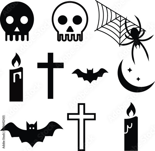 Editable halloween icon collection, spooky black and white outline vector style, skull, spider, bat, candle, cross, moon symbols for seasonal design