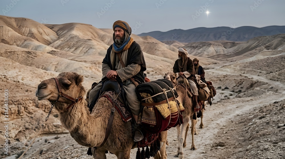Fototapeta premium A cinematic close-up of the Three Kings traveling on camels through a broad pale-ochre valley surrounded by softly eroded hills, their symbolic treasures wrapped in refined handcrafted fabrics and car