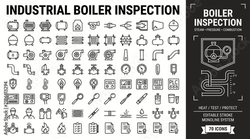 Industrial boiler inspection and power plant maintenance outline icons set with line art