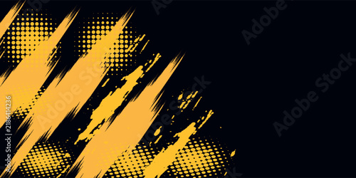 Black and yellow abstract background with brush stroke and halftone style. abstract grunge